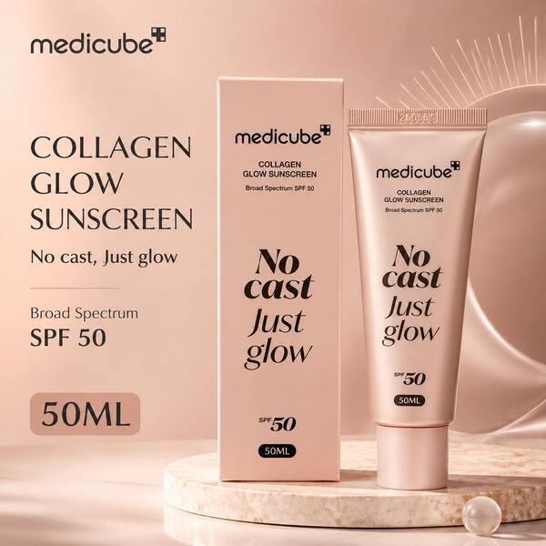 MEDICUBE واقي شمس كولاجين جلو SPF50 50 مل، واقي شمس للوجه من العناية بالبشرة الكورية، بدون أثر أبيض، حماية من الأشعة فوق البنفسجية، مرطب بلمسة إشراق