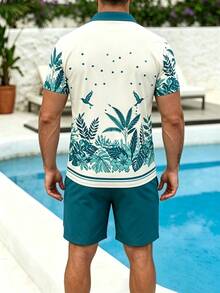Men's Beach Vacation Casual Blue Green Leaf & Bird Print Shirt And Shorts Set - Multicolor - View 6