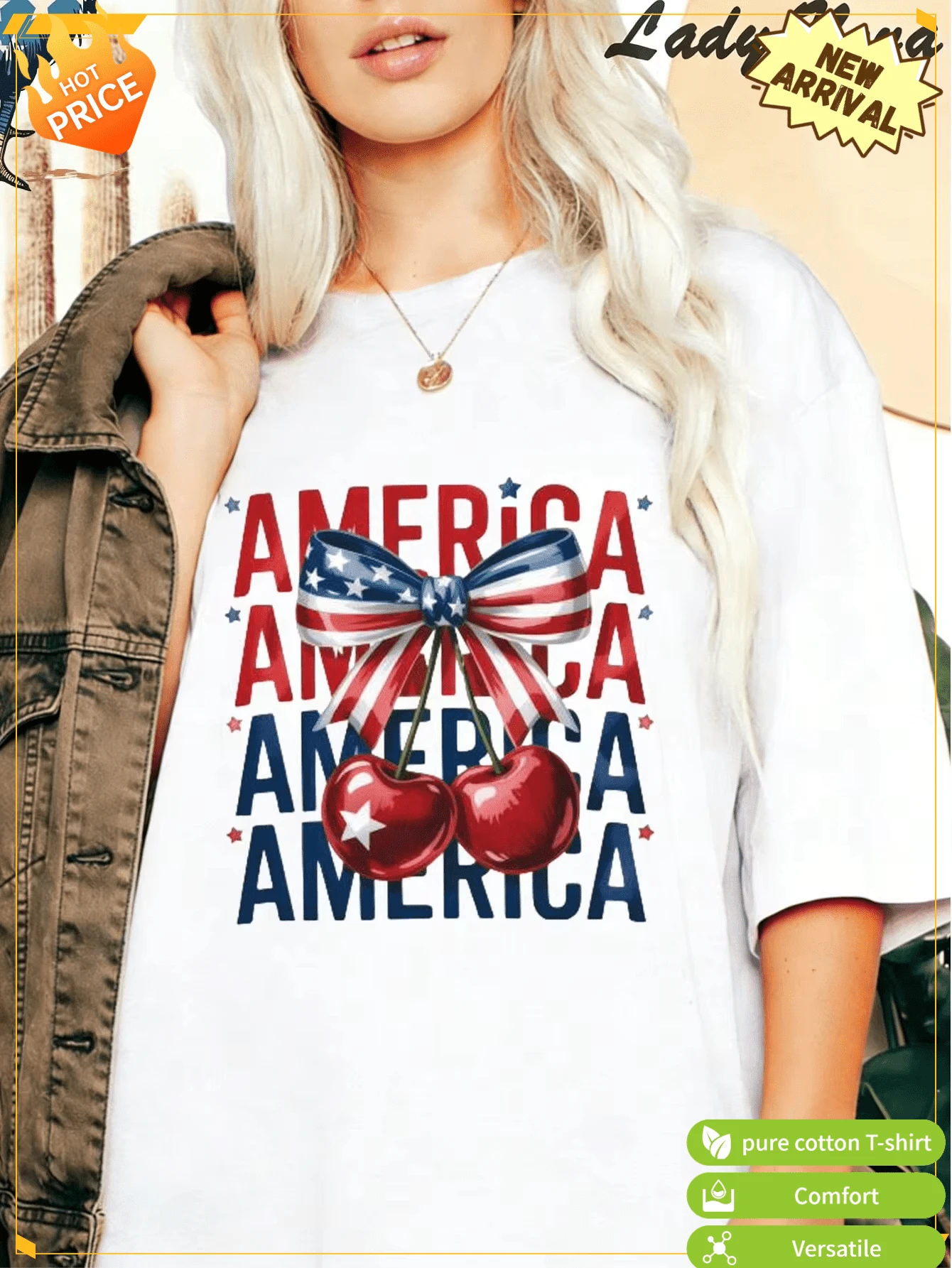 LADYNOVA Damen T-Shirt mit Amerika-Flagge und Kirschen-Muster, Sommeroutfits für Frauen, Urlaubsoutfits für Frauen, Sommerkleidung, Festivaloutfit - Weiss - Übersicht 1