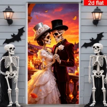 2D Flat Day Of The Dead Skeleton Couple Door Curtain, Wedding Theme Skeleton Couple Image With Sunset City And Candle Background, Vintage Romantic Style, Durable Polyester Material, No Power Required, Suitable For Day Of The Dead, Halloween Party Decoration, Indoor And Outdoor Wall Hanging Fabric, Creating A Warm And Mysterious Holiday Atmosphere - 1PC - View 4
