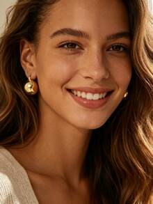 Charm-In 18K Gold Plated Chunky Hollow Ball Click Hoop Earrings, Mirror Polished Dome Shape Snap Huggie Jewelry For Women Daily Minimal Wear - Gold - View 2