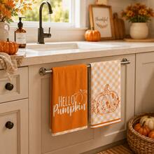 2/4/6/8pcs Yellow Plaid Pumpkin Pattern Kitchen Towel Set, Machine Washable Absorbent Dish Cloths And Decorative Hand Towels, Suitable For Autumn, Thanksgiving, Halloween Kitchen And Home Decor - Multicolor - View 2