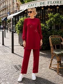 Butterfly Detail Long Tunic And Trousers Two-Piece Set – Comfortable Modest Casual Outfit - Red - View 9