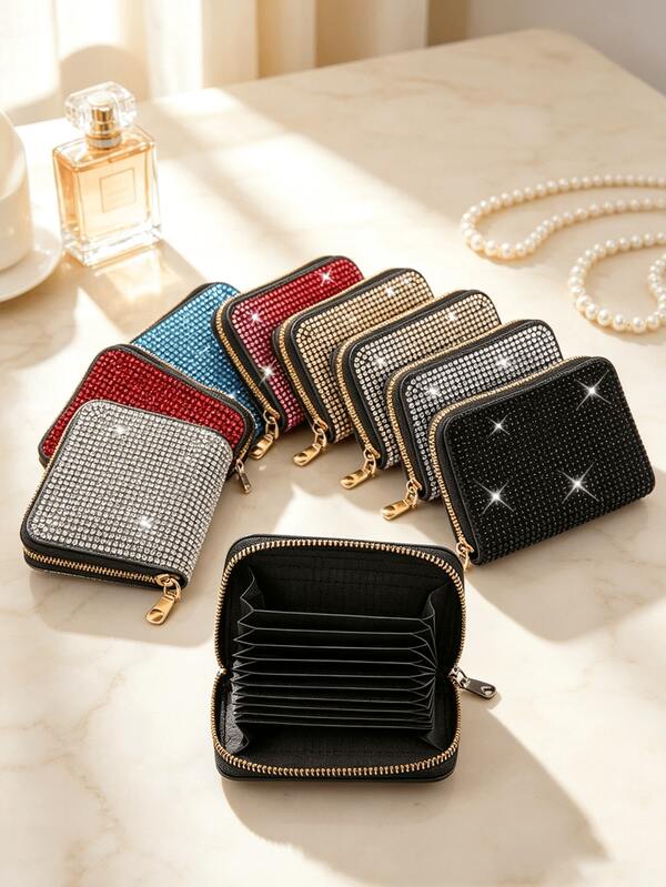 Rhinestone Accordion Card Holder, Shiny Sequin Zipper Credit Card Wallet, Multi-Slot Portable Mini Coin Purse, Fashionable Glitter Small Wallet, Suitable For Daily Commute, Party, Travel, Holiday Gift