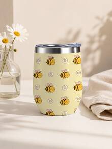 1 Pc 12oz Kawaii Floral Tumbler Cup With Lid, Cute Bee Daisy/ Strawberry Print Travel Mug, Aesthetic Pastel Insulated Coffee Cup For Women, Reusable Daily Drinkware For Office, School, Daily Use - Multicolor - View 1