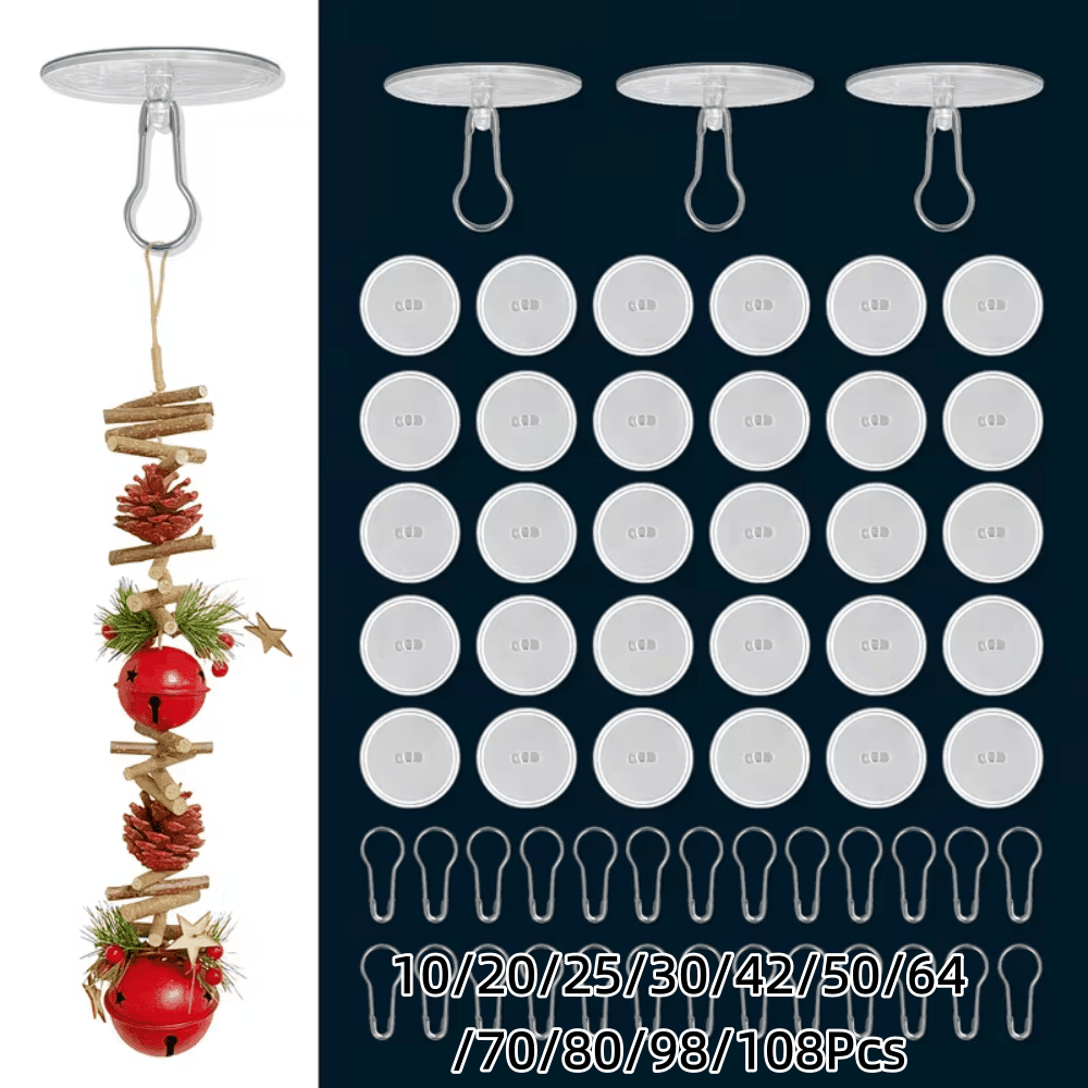10/20/25/30/42/50/64/70/80/98/108Pcs Mini Easy Install Transparent Self-Adhesive Ceiling Hooks - Stylish Plastic Suction Cups, Self-Adhesive No-Trace, Suitable For DIY Decoration, Party, Christmas Banner, Holiday, Wedding, Birthday And Event Decoration, Durable And Stylish Wall Hooks, Practical Hooks