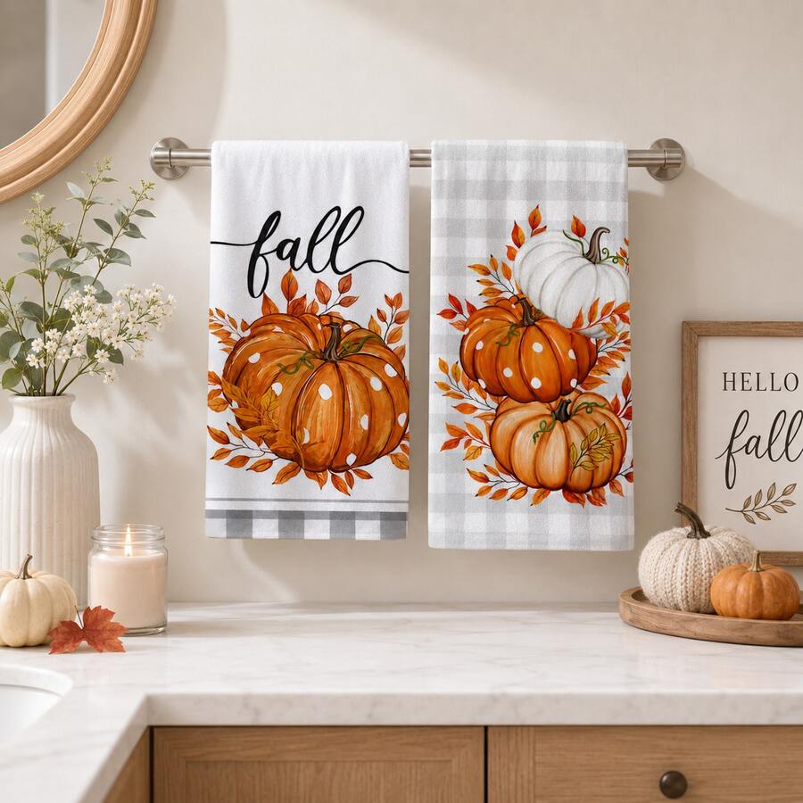 2/4/6/8pcs Pumpkin Pattern Kitchen Towel Set, Machine Washable Absorbent Dish Cloths & Decorative Hand Towels, Suitable For Autumn, Thanksgiving, Halloween Kitchen And Home Decor - Multicolor - View 1