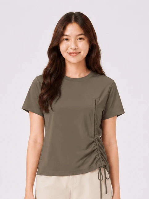 Li-Ning Women's Adjustable Drawstring Side Ruched Elastic Quick-Dry Breathable Cropped Short Sleeve Fitness T-Shirt ATSV900 - Palm Brown - View 1