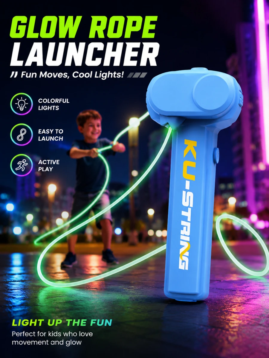 Kids Glow In The Dark Rope Launcher With Smooth Rotating Propeller, Creative Small Game, Cool Glow Shooting Toy For Indoor/Outdoor Fun, Interesting & Intellectual Rope Spinner Suitable For 3-12 Years Old Boys & Girls, Birthday & Holiday Gift
