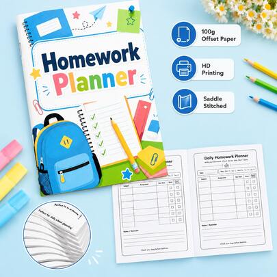 Cartoon Children's Daily Homework Planner Student After-School Subject Assignment Tracking Record Book Campus Home Task Checklist Diary Notebook Back To School School Supplies Teacher Classroom Holiday Learning Supplies