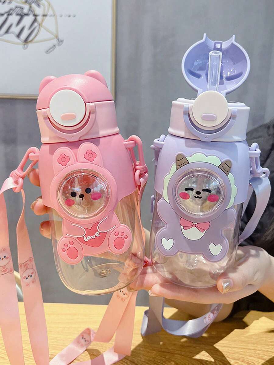 1個 600ml/20.29oz 卡通塑膠水瓶，可愛吸管杯附掛繩，便攜式水瓶，適合運動、健身、戶外旅行、返校用品、聖誕禮物、創意禮物 - 彩色 - 查看 1
