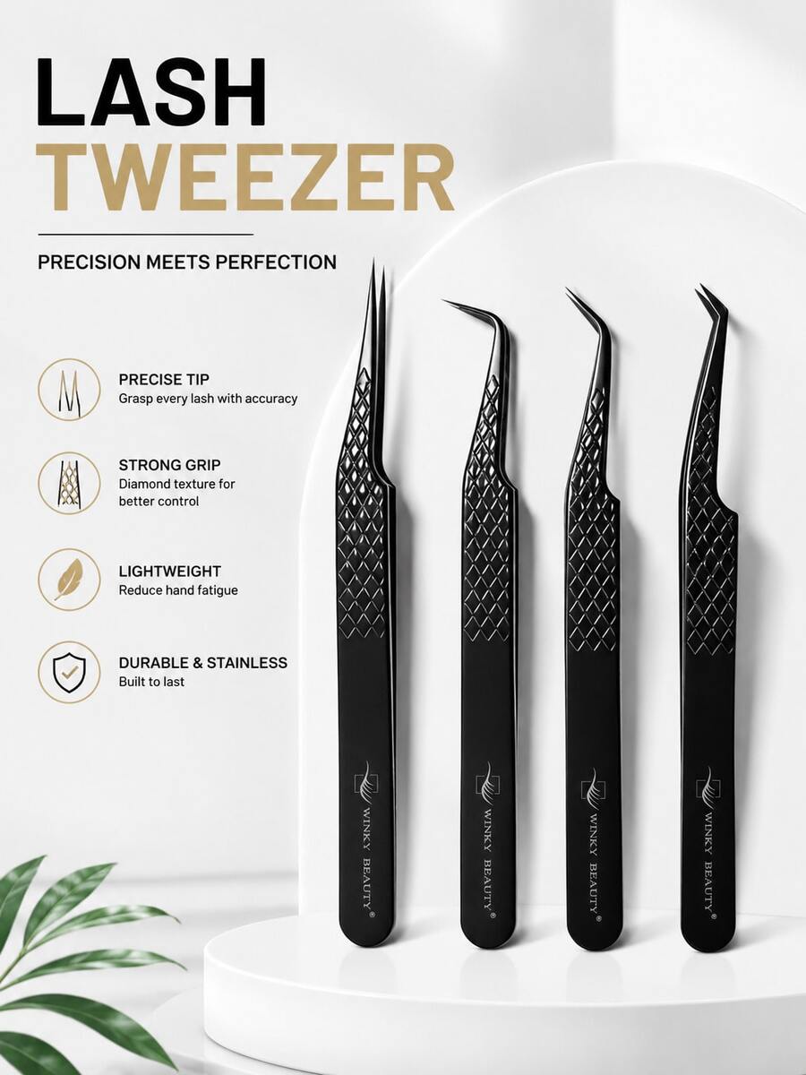 1pc Precision Eyelash Extension Tweezers, Stainless Steel Ultra-Hard Black Anti-Static Lash Tool For Isolation, Picking And Professional Salon Use, Winky Beauty - Black - View 1