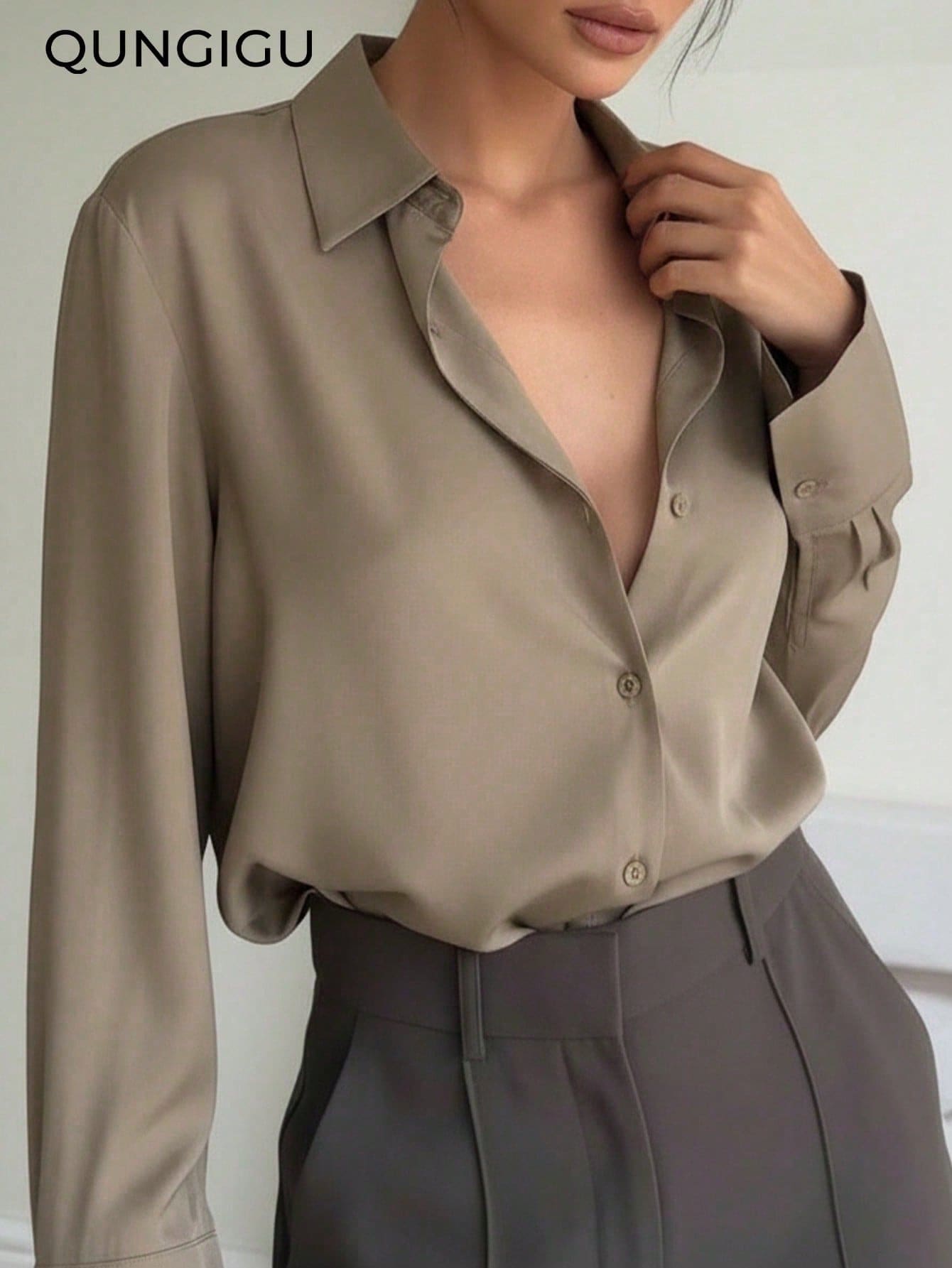 Women's Satin Button-Front Long Sleeve Elegant Lapel Blouse, Office Commute Business Casual Top, Loose Fit Solid Color Basic T-Shirt - Brown - View 1