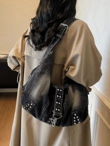 Dedoo 復古 Hobo 斜挎包，鉚釘可調節肩帶休閒日常手提包，大容量，學生背包，大學校園 - 黑色 - 查看 3