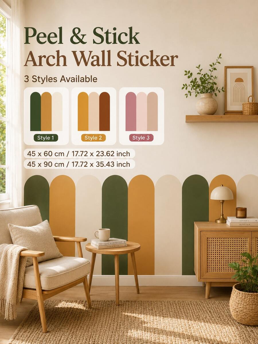 SUPSTICKER 1pc Vintage Bohemian Arch Wall Decal, 3 Styles Available, Removable Geometric Half Wall Sticker For Living Room And Bedroom Decor - Multicolor - View 1