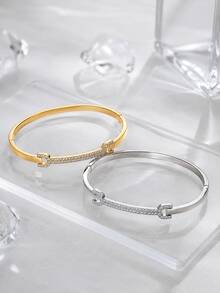 1件金色調扣環水鑽手鍊，優雅女士裝飾性閉口手鐲 - 手鐲 - 查看 3