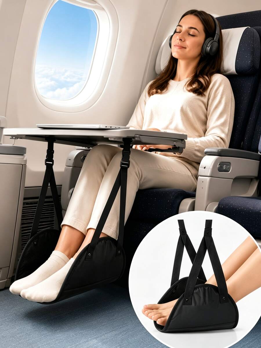 1pc Portable Adjustable Airplane Foot Rest Hanger, Soft Polyester Comfort Travel Foot Pedal Pad, Compact Space Saving Leg Support, Multi-Use For Airplane Train Office Long Trip Relax - Multicolor - View 1
