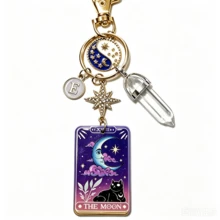 1pc Vintage Moon Black Cat Tarot Card Keychain With 26 Letter Charms, Crystal Sun Moon Star Personalized Backpack Pendant - Multicolor - View 8