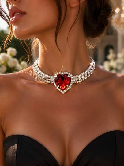 1PC Shiny Fashion Red Heart Rhinestone Necklace, Bridal Wedding Party Dress Women's Fashion Jewelry Accessory