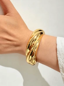 1 Peça Pulseira Torcida Feminina, Pulseira Minimalista Polida, Pulseira Banhada a Ouro 18K da Moda, Material de Liga de Zinco, Pulseira Minimalista Grossa e Lisa, Adequada para Uso Diário Feminino e Presente de Joias - Dourado - Visão 4