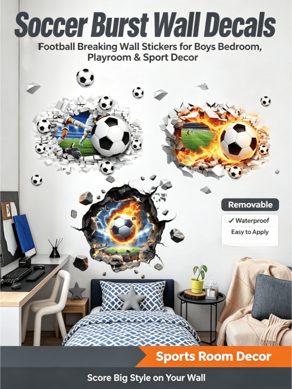 Broken Wall Soccer Wall Sticker, White Brick Stadium Flames Flying Ball Black Rock Explosion, Various Styles, Waterproof, Removable Without Residue, PVC Self-Adhesive, Cool Sporty Wall Decals For Boys, Teen Fans' Bedrooms, Dorms, And Gaming Rooms