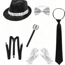 1/2/3/4/5/6/7/8pcs Adult Disco Dance Costume And Accessories Set, Popular Star Theme Party Costume, Includes Glitter Hooded Hat, Silver Gloves, Bow Tie, 80s Popular Star Party Costume, Disco Party Accessories, Halloween Costume - Multicolor - View 4