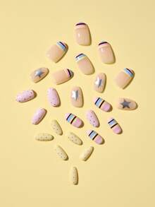 24pcs Colorful Press On Nails Star False Nails Silver Polka Dots Nails Press On Short Fake Nails Oval Shape Press On Nails Manicure Set Includes 1sheet Adhesive Tabs & 1pc Nail File Suitable For Everyday Wear - 彩色 - 查看 3