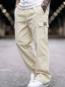 Norleigh 1pc Men's Casual Sports Cargo Pants, Loose Straight Fit, Wrinkled Texture, Suitable For Home And Outdoor Activities, Also Can Be A Gift For Couples - Apricot - View 3