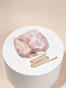 1pc Pink Faux Marble Box Clutch Bag With Asymmetrical Water Drop Gold Buckle, Detachable Chain Crossbody Small Purse For Wedding Toast And Evening Dress - Coral Pink - View 6