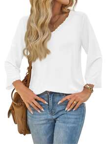 Women's White V-Neck Knit T-Shirt With Delicate Lace Trim, Short Sleeve Design, Regular Length, Basic Top, Slightly Stretchy - White - View 4