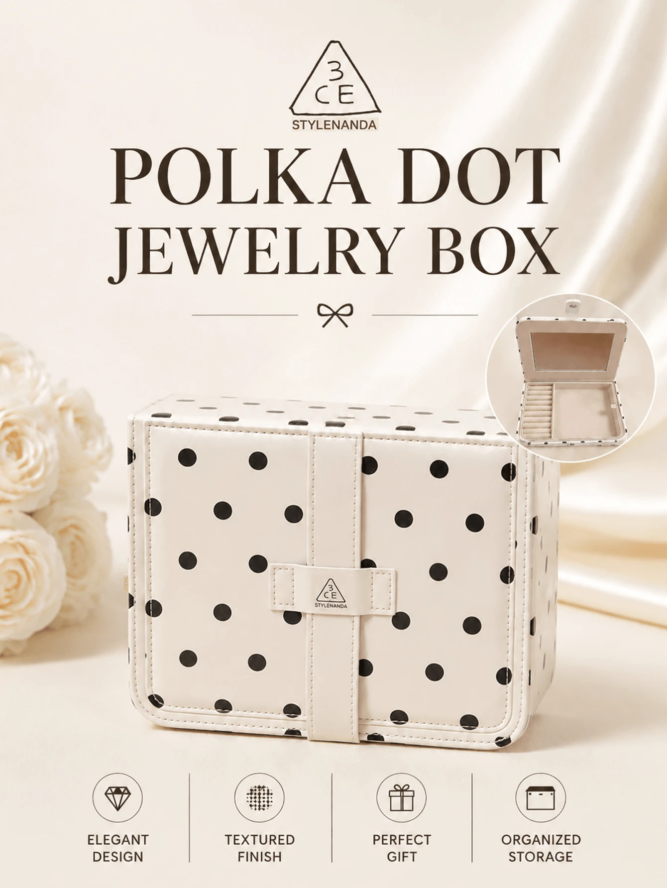 3CE Sanxi Jade Polka Dot Jewelry Box, 22*17cm, Synthetic Leather Surface, Interior Protection For Storing Jewelry, Suitable For Home Storage And Travel Organization