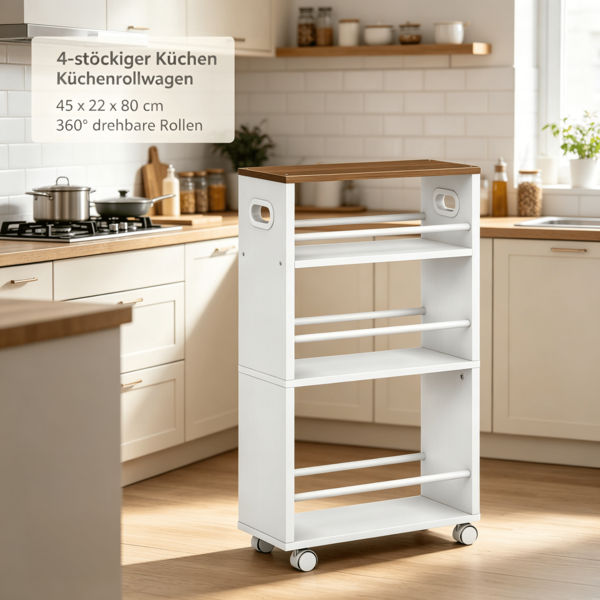4-stöckiger Küchenrollwagen 45 x 22 x 80 cm schmal, Servierwagen mit 360° drehbaren Rollen & Schutzgeländer, Küchenregal für Küche Bad Wohnzimmer, Walnussbraun-Weiß