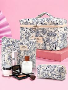 3/1pc Floral Makeup Bag Set, Large Capacity Makeup Bag, Travel Makeup Organizer, Portable Toiletry Bag, Makeup Storage Bag, Skincare Storage Box, Makeup Brush Bag, Travel Essentials, Vacation Essentials, Dorm Essentials, Back To School - Multiple Styles - View 5