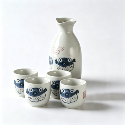 Ensemble de saké en céramique de style japonais avec une carafe et quatre tasses, plusieurs motifs disponibles dont le poisson à grosse tête, le chat porte-bonheur et d'autres designs, convient pour les izakayas, les dîners en famille et les boissons de fête pour contenir le saké et le vin de riz