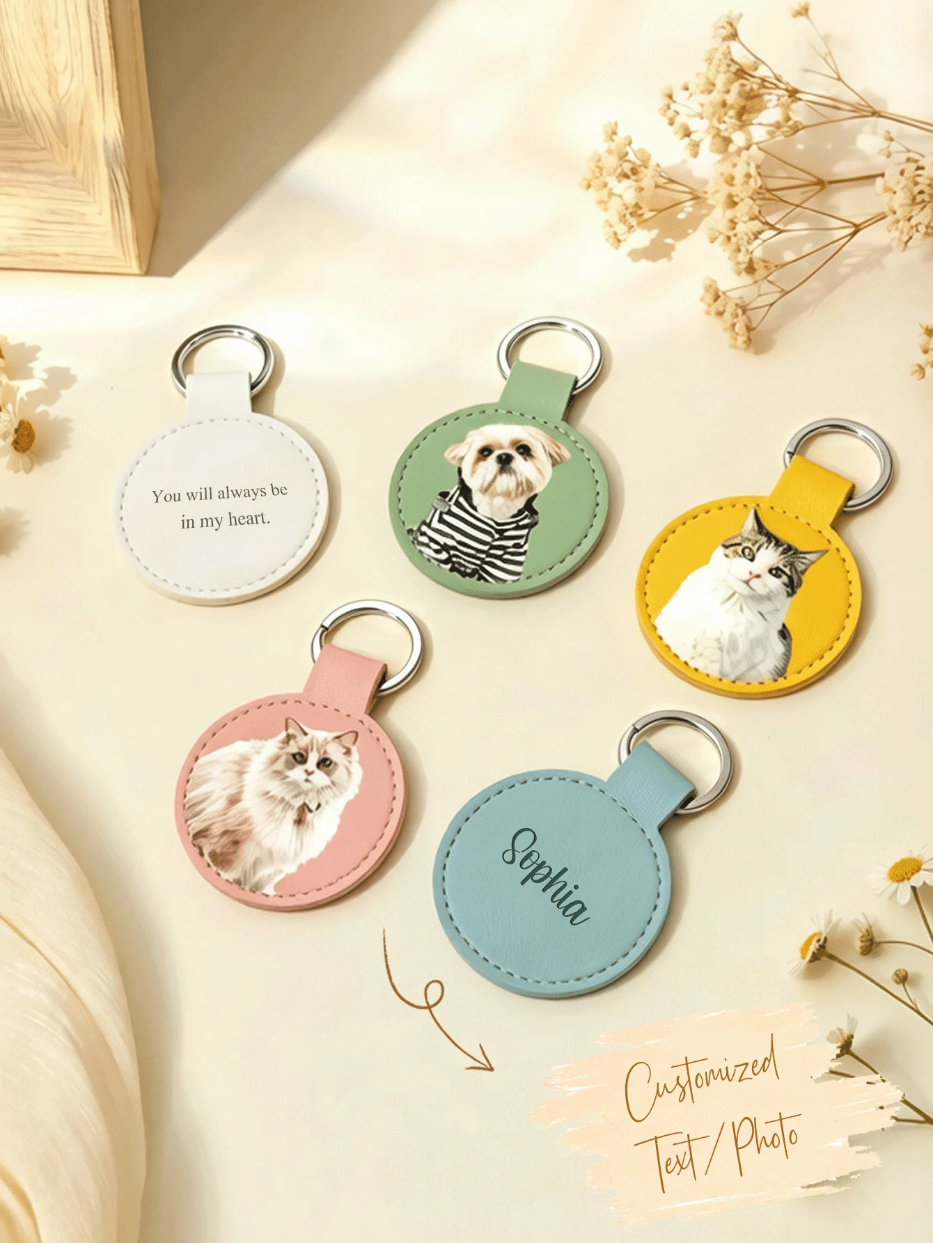 Custom Pet Photo Keychain, Personalized Name Keyring, PU Leather Cat & Dog Commemorative Gift, Round Metal Keychain, Aesthetic Collar Pendant, Perfect Birthday Gift For Pet Lovers, Adjustable Anti-Loss Collar Pendant Accessory - Multicolor - View 1