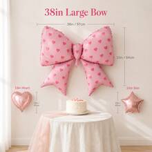 Sweet Pink Heart Print Giant Bow Foil Balloon Decor Set, Rose Gold Star & Heart Mylar Balloons, Pastel Pink White Latex Balloons For Girls Birthday Party Baby Shower Wall Photo Corner Backdrop Decor - View 6