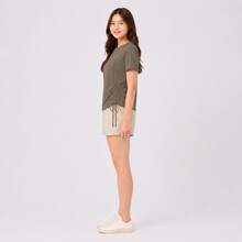 Li-Ning Women's Adjustable Drawstring Side Ruched Elastic Quick-Dry Breathable Cropped Short Sleeve Fitness T-Shirt ATSV900 - Palm Brown - View 4