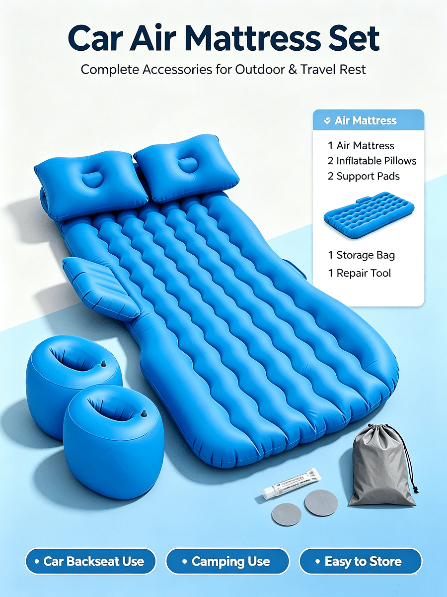 1PC Car Air Mattress Bed Set With 2 Inflatable Pillows & Support Pads, Wave Air Column Car Bed Mattress With Side Baffle, Portable Car Camping Essentials Air Mattress For Backseat Trunk Road Trip Outdoor Camping Car Accessories