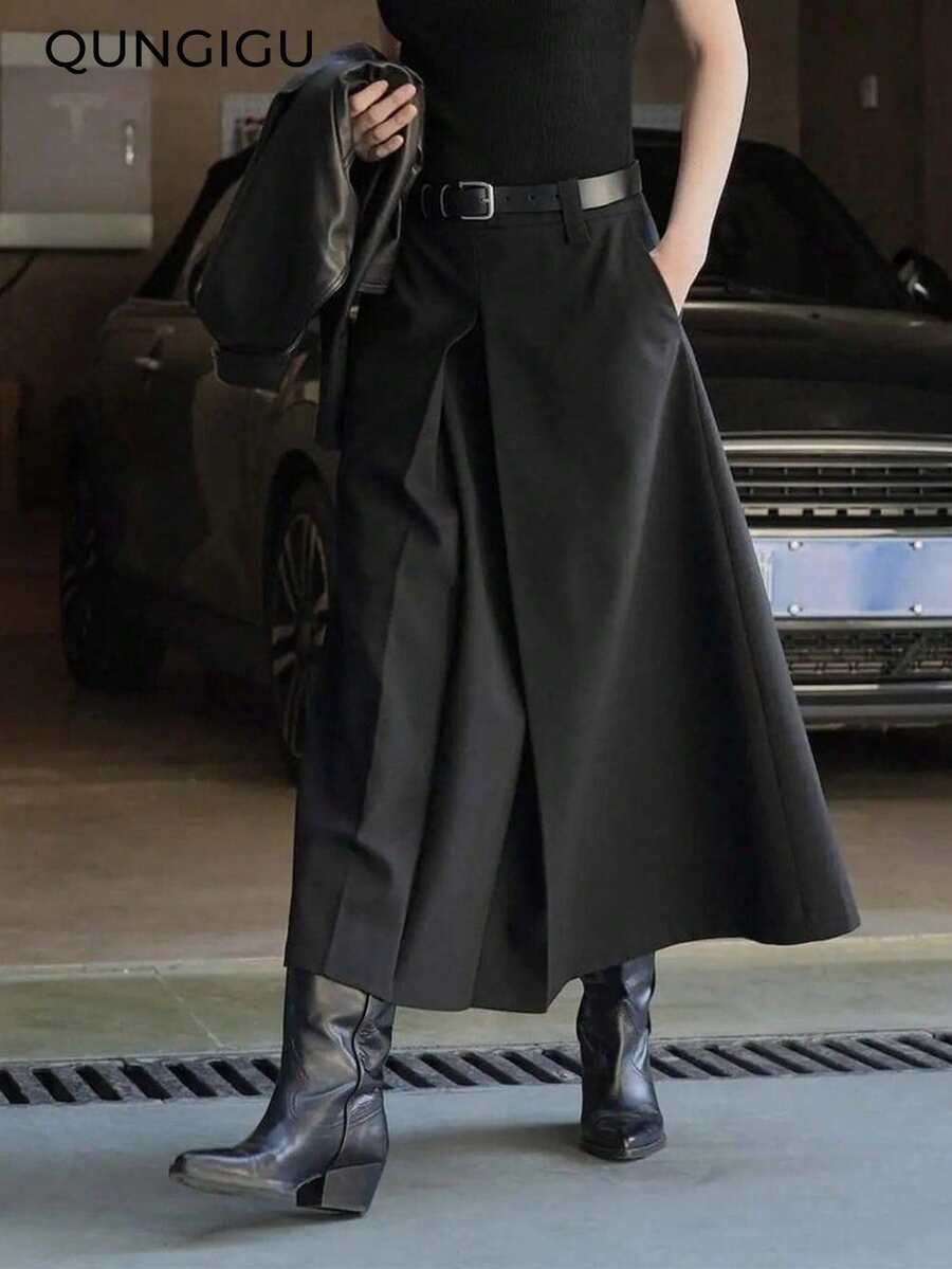 女款純色百褶長裙,優雅高腰喇叭裙,正式商務街頭風,附腰帶環 - 黑色 - 查看 1