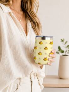 1 Pc 12oz Kawaii Floral Tumbler Cup With Lid, Cute Bee Daisy/ Strawberry Print Travel Mug, Aesthetic Pastel Insulated Coffee Cup For Women, Reusable Daily Drinkware For Office, School, Daily Use - Multicolor - View 5