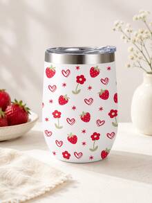 1 Pc 12oz Kawaii Floral Tumbler Cup With Lid, Cute Bee Daisy/ Strawberry Print Travel Mug, Aesthetic Pastel Insulated Coffee Cup For Women, Reusable Daily Drinkware For Office, School, Daily Use - Multicolor - View 4