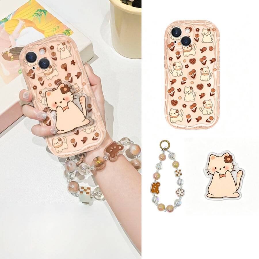 3-Piece Set: Caramel Kitten Tulip Heart Wavy Edge Phone Case + Cartoon Kitten Airbag Stand + Square Bear Beaded Chain Full Coverage Soft Shell Compatible With 17/17 Pro/17 Pro Max, 16/15, 15 Pro Max, 13/14/11/12/14 Pro Max, XS/XR/X/8/7/8 Plus/7 Plus/Suitable For Galaxy S22/23/24/S25/S26/A04/A36/A06/A07/A17/A15/A16/A24/A25/A34, Note 7/8/9/10/11/12/13/14, 13C/14C/A5, Honor X, HW, C53 C55, Spring Birthday Gift, Anniversary Gift. - Clear - View 1
