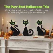 1pc Wooden Black Cat Tabletop Sign Decor, With Pink Bow And Green Cat Eyes Glow In Dark Sticker Decoration, Autumn Halloween Household Desk Shelf Party Supplies. - Multicolor - View 12