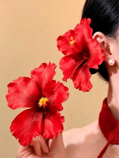 2pcs Women's High-End Elegant Beach Vacation Style Artificial Hibiscus Flower Hair Clips, Sweet Versatile Girl Travel Photo Hair Accessories, Artificial Flower Side Clip Hair Accessory Suitable For Daily Use