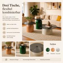 Juego de 3 mesas de centro redondas con vidrio templado marrón y estructura de acero carbonizado con aspecto de nogal, adecuadas para salas de estar, dormitorios, cafeterías y muchos otros entornos. - Gris + Verde + Beige claro + Metal - Ver 8