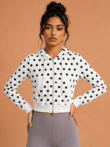 Never me Women's Sports Sweatshirt, Large Polka Dot All-Over Print, Zip-Up Short Sweatshirt, Double Pockets, Drawstring Hood, Casual Fitness Short Jacket - White - View 3