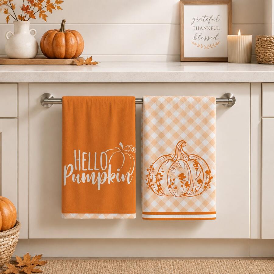 2/4/6/8pcs Yellow Plaid Pumpkin Pattern Kitchen Towel Set, Machine Washable Absorbent Dish Cloths And Decorative Hand Towels, Suitable For Autumn, Thanksgiving, Halloween Kitchen And Home Decor - Multicolor - View 1