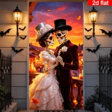 2D Flat Day Of The Dead Skeleton Couple Door Curtain, Wedding Theme Skeleton Couple Image With Sunset City And Candle Background, Vintage Romantic Style, Durable Polyester Material, No Power Required, Suitable For Day Of The Dead, Halloween Party Decoration, Indoor And Outdoor Wall Hanging Fabric, Creating A Warm And Mysterious Holiday Atmosphere - 1PC - View 5