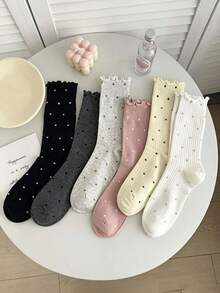 1/6 Pairs Minimalist Solid Color Small Polka Dot Sweet Ruffle Edge Versatile Comfortable Mid-Calf Socks - Multicolor - View 11