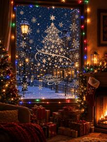 2sheets/Set Merry Christmas Oversized Silver Christmas Tree Pattern Window Cling Sticker, Reusable Glitter PVC Decal For Holiday Display, Suitable For Glass, Walls And Doors, Waterproof PVC, Cartoon Theme Glass Door Decor With Static Cling - A - View 7